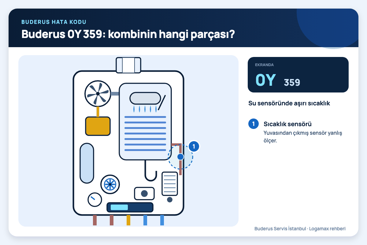 Buderus 0Y 359: kombinin hangi parçası? Buderus Logamax plus iç kesiti; 0Y 359 kodunda bakılan gidiş suyu sensörü numaralı işaretlerle gösterilmiş