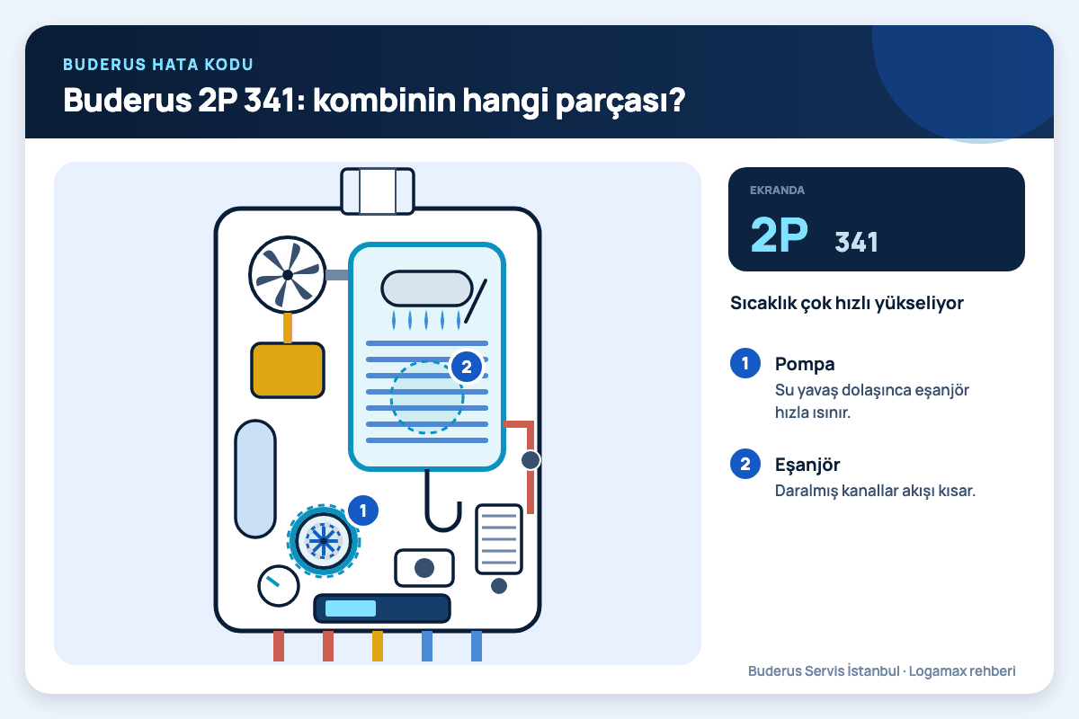 Buderus 2P 341: kombinin hangi parçası? Buderus Logamax plus iç kesiti; 2P 341 kodunda bakılan sirkülasyon pompası ve eşanjör numaralı işaretlerle gösterilmiş