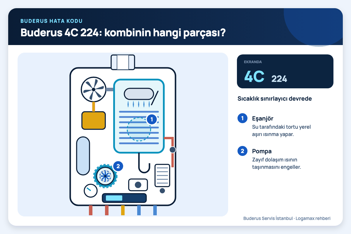 Buderus 4C 224: kombinin hangi parçası? Buderus Logamax plus iç kesiti; 4C 224 kodunda bakılan eşanjör ve sirkülasyon pompası numaralı işaretlerle gösterilmiş