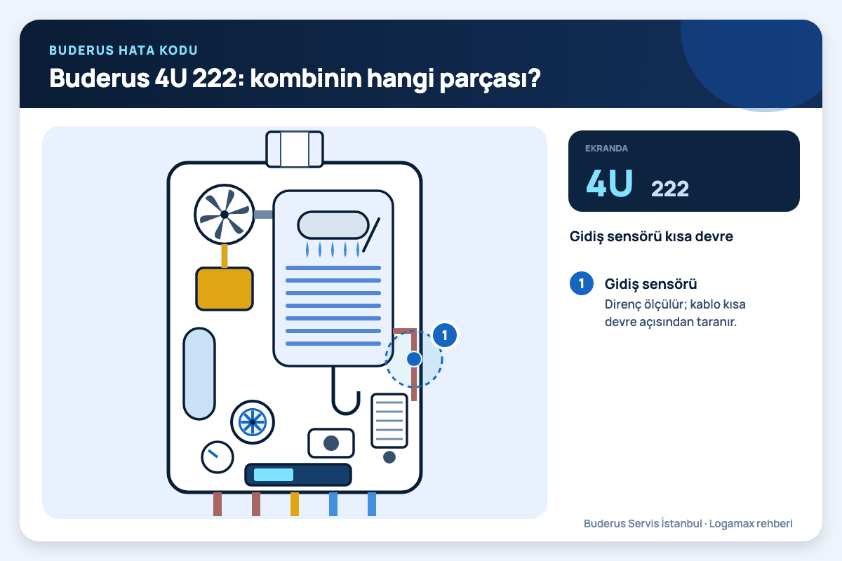 Buderus 4U 222: kombinin hangi parçası? Buderus Logamax plus iç kesiti; 4U 222 kodunda bakılan gidiş suyu sensörü numaralı işaretlerle gösterilmiş
