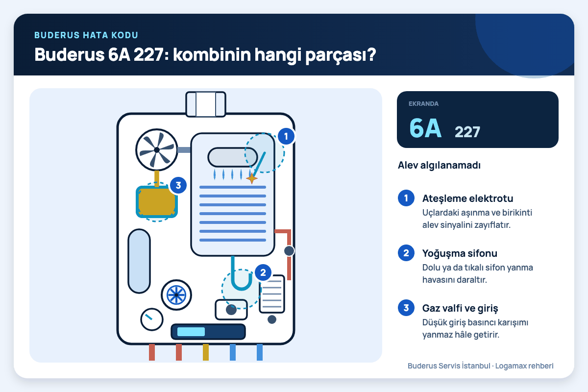 Buderus 6A 227: kombinin hangi parçası? Buderus Logamax plus iç kesiti; 6A 227 kodunda bakılan elektrot, yoğuşma sifonu ve gaz valfi numaralı işaretlerle gösterilmiş