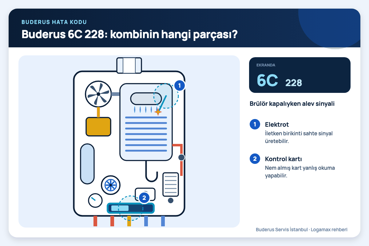 Buderus 6C 228: kombinin hangi parçası? Buderus Logamax plus iç kesiti; 6C 228 kodunda bakılan elektrot ve kontrol kartı numaralı işaretlerle gösterilmiş