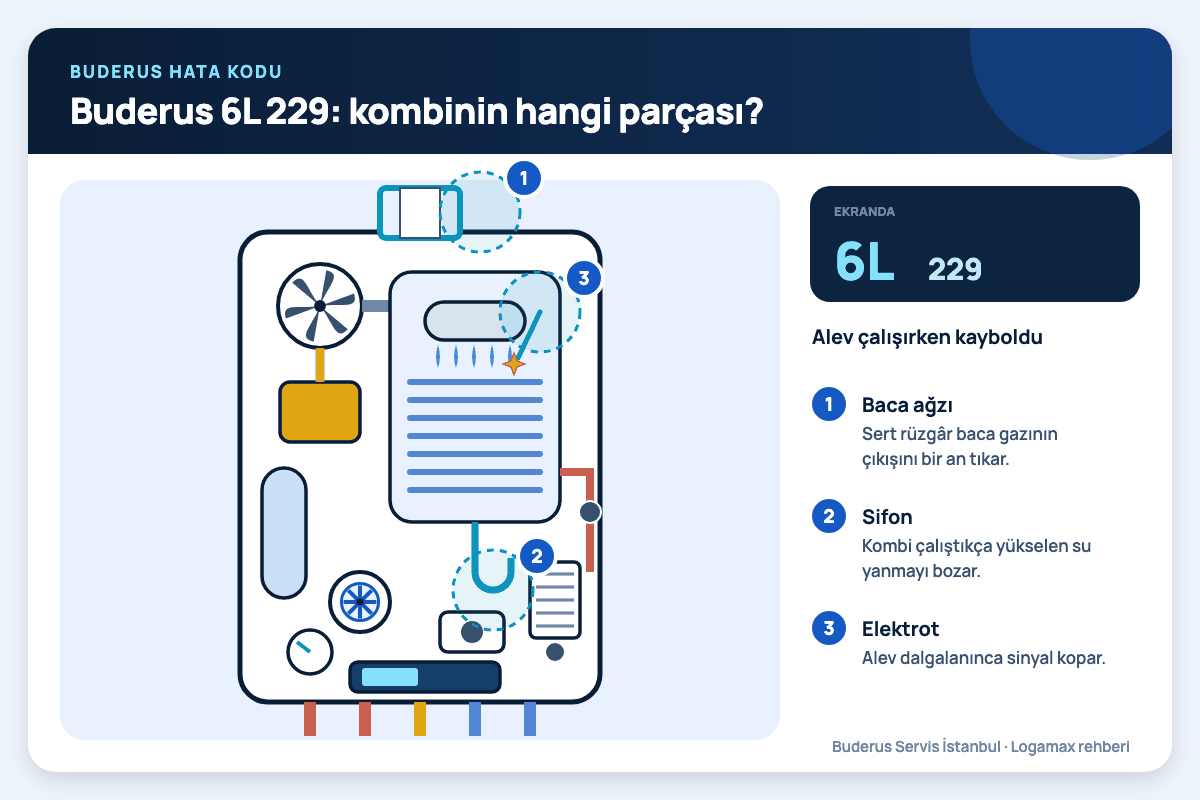 Buderus 6L 229: kombinin hangi parçası? Buderus Logamax plus iç kesiti; 6L 229 kodunda bakılan baca bağlantısı, yoğuşma sifonu ve elektrot numaralı işaretlerle gösterilmiş