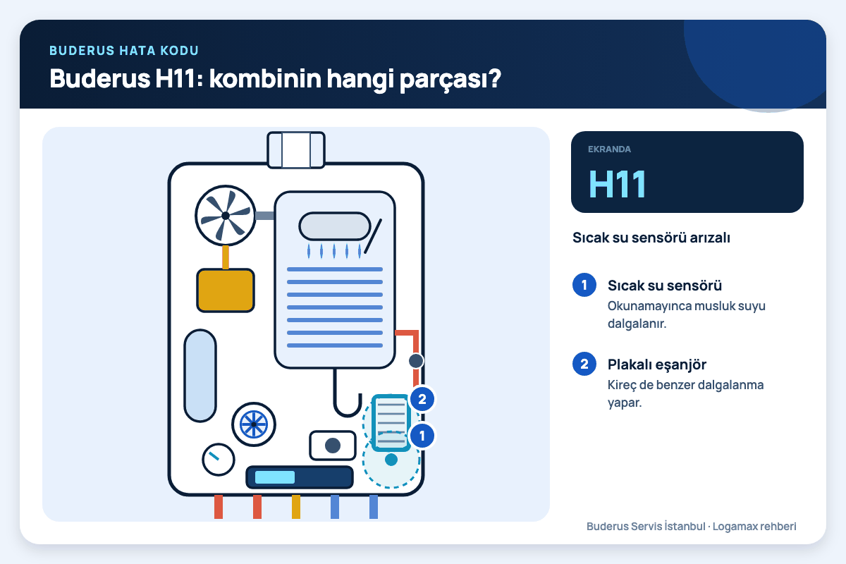Buderus H11: kombinin hangi parçası? Buderus Logamax plus iç kesiti; H11 kodunda bakılan sıcak su sensörü ve plakalı eşanjör numaralı işaretlerle gösterilmiş