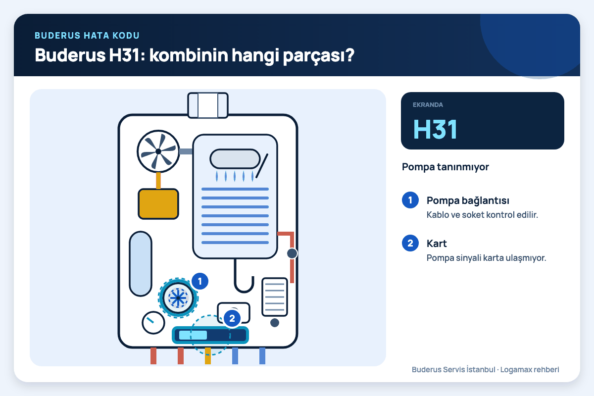 Buderus H31: kombinin hangi parçası? Buderus Logamax plus iç kesiti; H31 kodunda bakılan sirkülasyon pompası ve kontrol kartı numaralı işaretlerle gösterilmiş