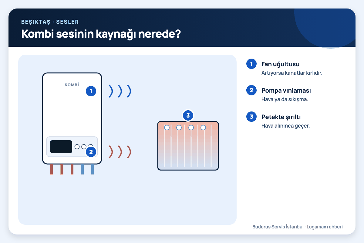 Beşiktaş: kombi sesinin kaynağı nerede?; fan uğultusu, pompa vınlaması, petekte şırıltı numaralı notlarla