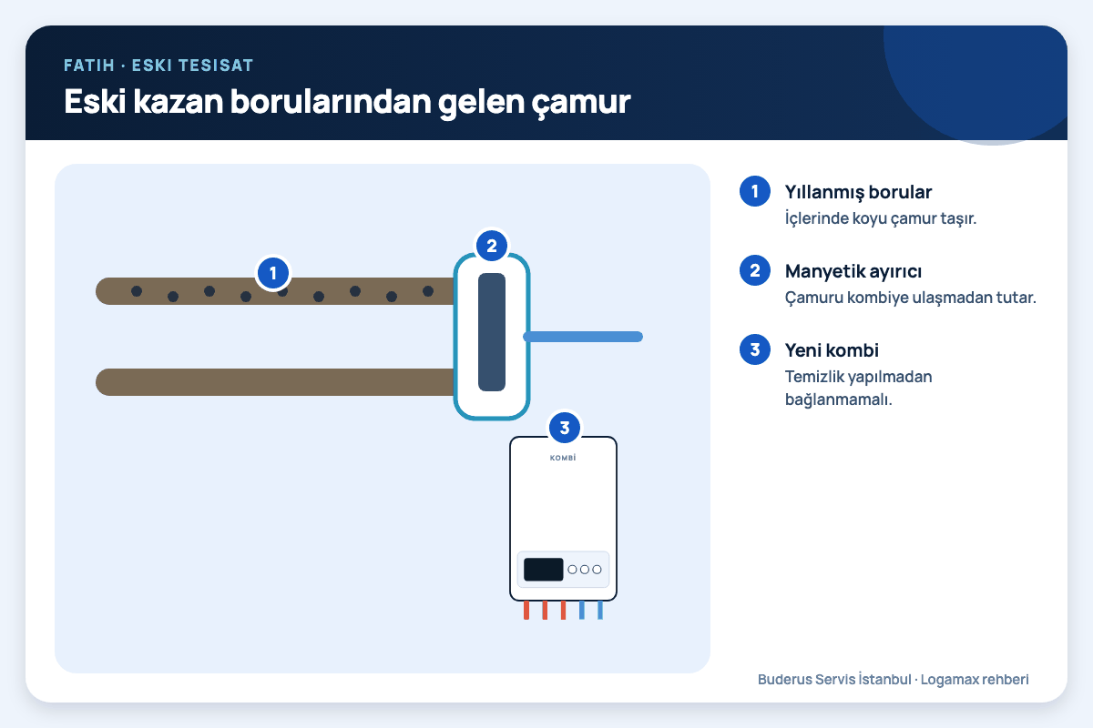 Eski kazan borularından gelen çamur Fatih: eski kazan borularından gelen çamur; yıllanmış borular, manyetik ayırıcı, yeni kombi numaralı notlarla